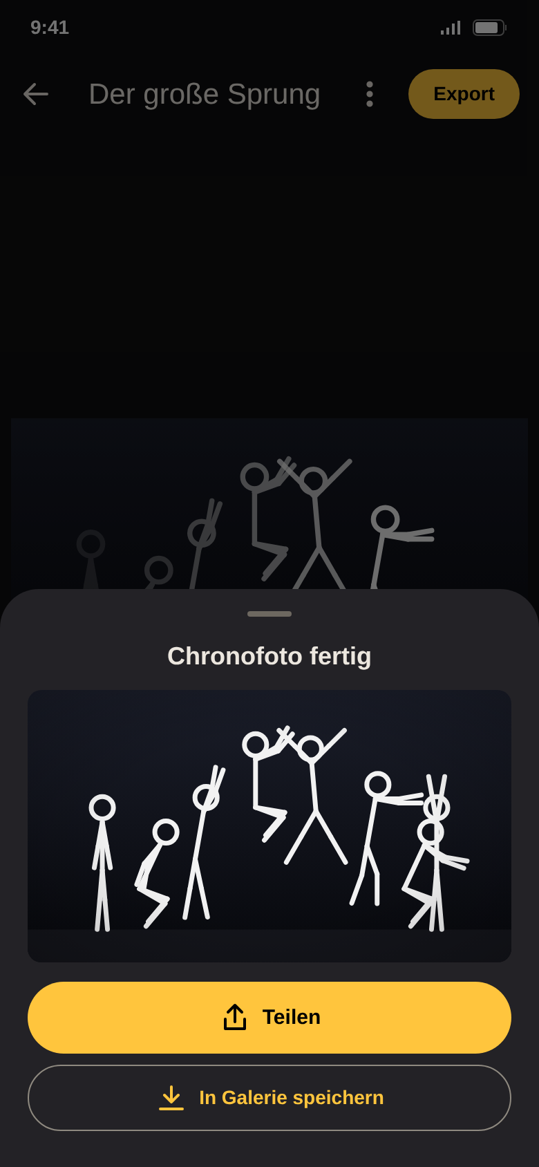 Fertiges Chronofoto mit allen Posen in einem Bild und Teilen-Knopf